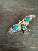 Load image into Gallery viewer, Bronze and silver stamped bird brooch with turquoise
