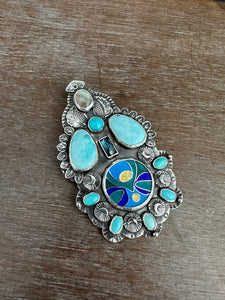 Cloisonné glass enamel with turquoise, labradorite, and kyanite