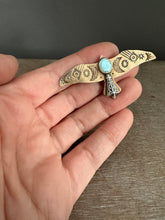 Load image into Gallery viewer, Bronze and silver stamped bird brooch with turquoise
