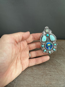 Cloisonné glass enamel with turquoise, labradorite, and kyanite