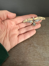 Load image into Gallery viewer, Bronze and silver stamped bird brooch with garnet
