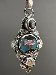 Cloisonné glass enamel pendant with ruby and quartz