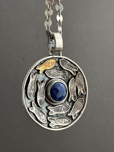 Silver fish parable pendant with lapis