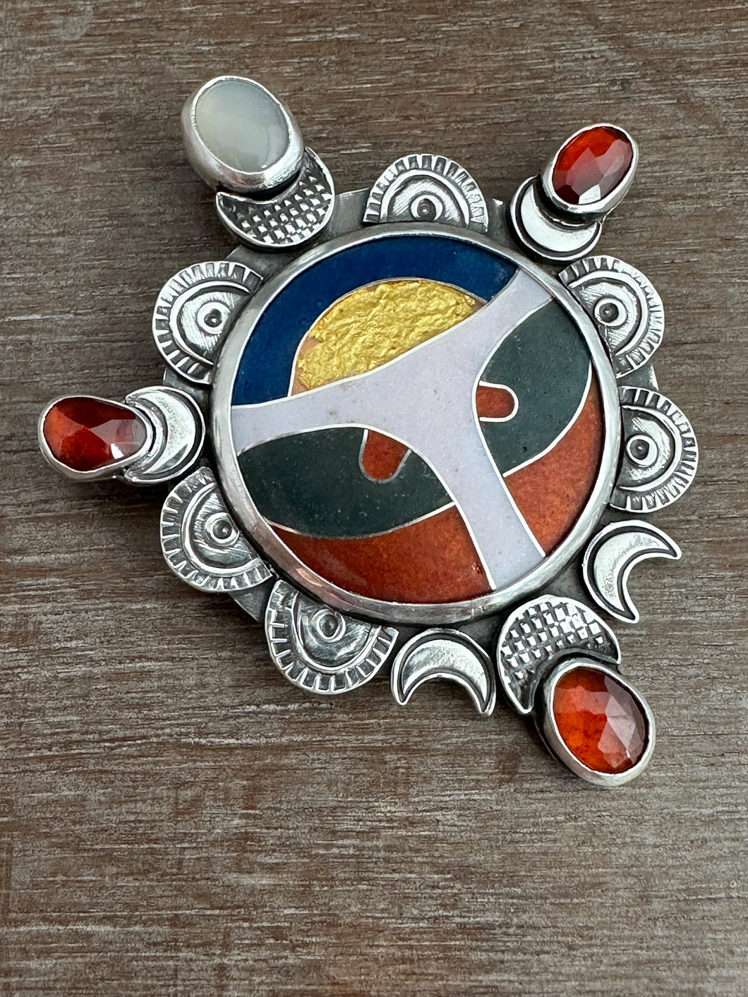 Cloisonné glass enamel with garnets and moonstone