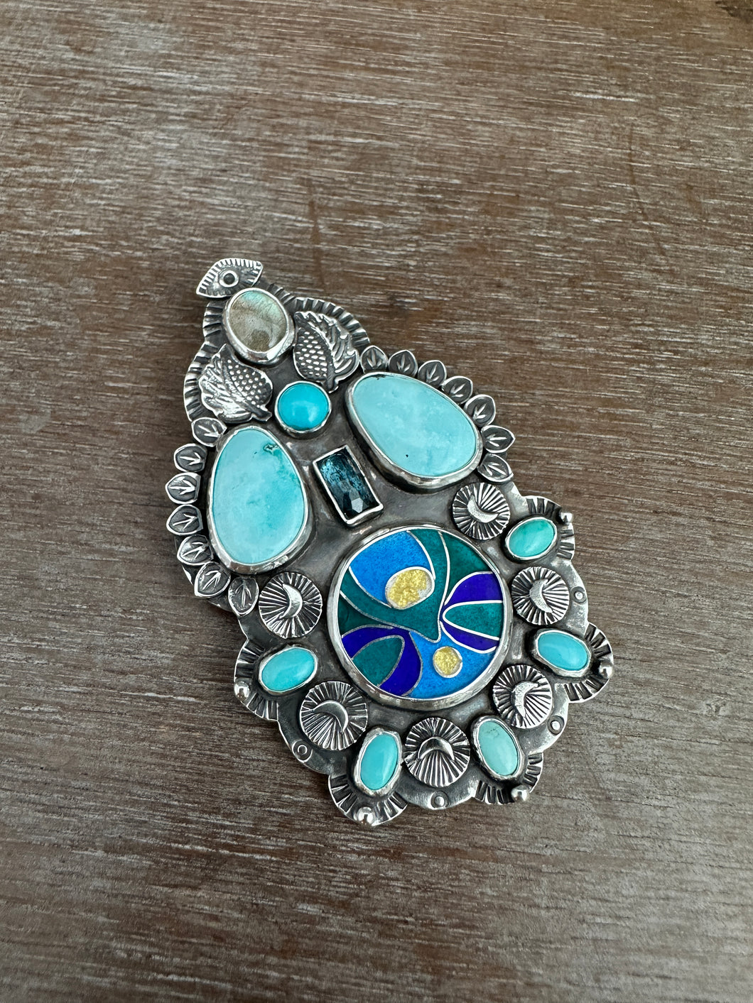 Cloisonné glass enamel with turquoise, labradorite, and kyanite