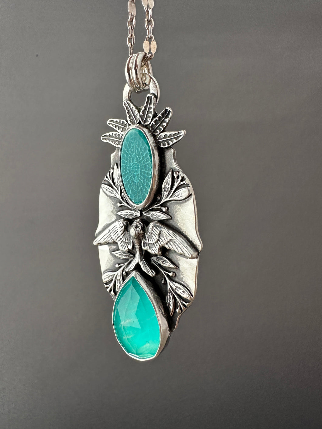 Amazonite and enamel bird medallion