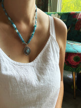 Load image into Gallery viewer, Layered silver and Aquamarine eye pendant with hand knotted vintage glass beads

