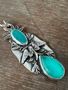 Amazonite and enamel bird medallion