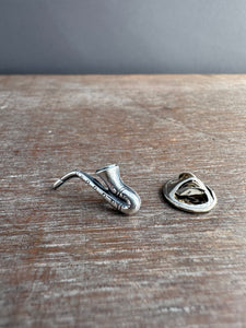 Silver Saxophone pin, lapel pin, scatter pin