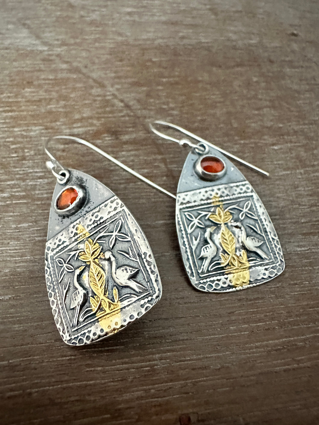 Bird Earrings with Garnet and Keum Boo