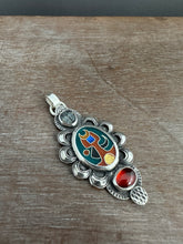 Load image into Gallery viewer, Cloisonné glass enamel pendant with trilobite fossil and garnet
