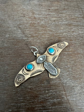 Load image into Gallery viewer, Bronze and silver stamped bird pendant with turquoise
