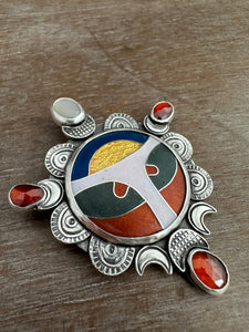 Cloisonné glass enamel with garnets and moonstone