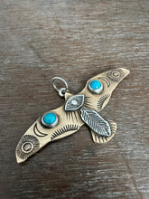 Load image into Gallery viewer, Bronze and silver stamped bird pendant with turquoise
