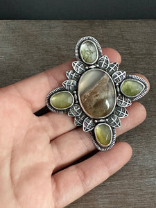 Mossy agate and green rutilated quartz medallion