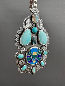 Cloisonné glass enamel with turquoise, labradorite, and kyanite