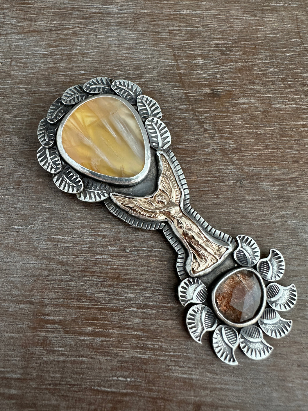 14k gold filed Angel with Sagenite and mossy aquamarine