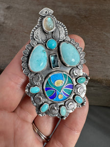 Cloisonné glass enamel with turquoise, labradorite, and kyanite