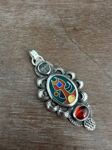 Cloisonné glass enamel pendant with trilobite fossil and garnet