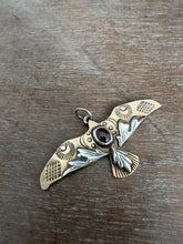 Load image into Gallery viewer, Bronze and silver stamped bird pendant with garnet
