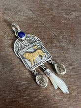Load image into Gallery viewer, Golden Lion with Herkimer quartz, lapis, and a shell hand
