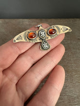 Load image into Gallery viewer, Bronze and silver stamped bird pendant with garnets
