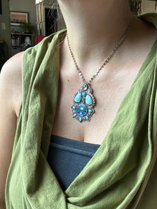 Cloisonné glass enamel with turquoise, labradorite, and kyanite