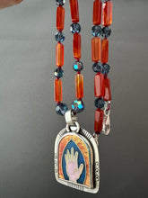 Load image into Gallery viewer, Cloisonné Enamel Hand Medallion on Carnelian and Apatite Beaded Necklace

