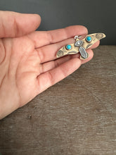 Load image into Gallery viewer, Bronze and silver stamped bird pendant with turquoise
