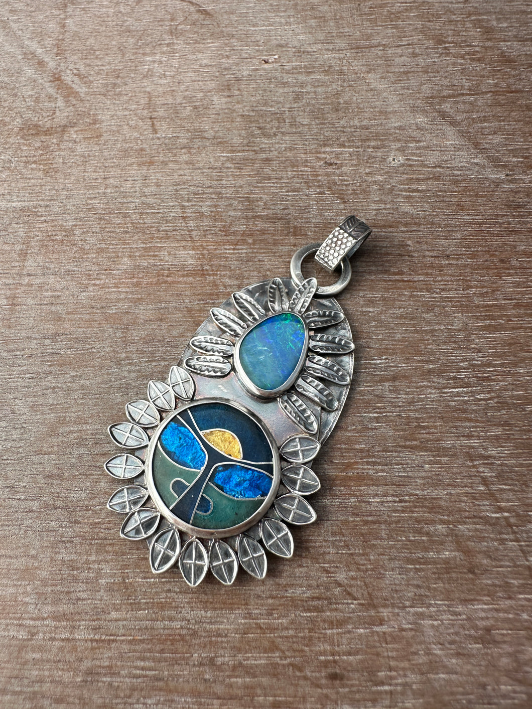 Cloisonné glass enamel pendant with opal