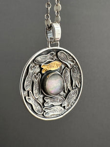 Silver fish parable pendant with abalone
