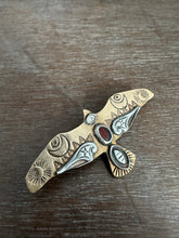 Load image into Gallery viewer, Bronze and silver stamped bird brooch with garnet
