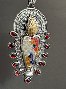 Millefiori and garnets Sacred Heart pendant
