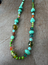 Load image into Gallery viewer, Vintage glass bead silk knotted necklace in greens and oranges
