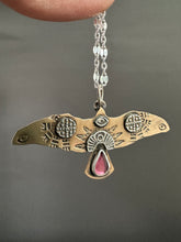Load image into Gallery viewer, Bronze and silver stamped bird pendant with pink garnet
