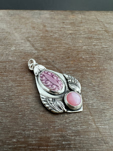 Purple enamel and pink opal pendant