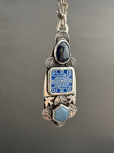 Enamel, Sapphire, and Seam Opal Pendant