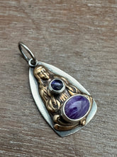 Load image into Gallery viewer, Bronze Mysterious Woman Pendant with Purple Stones
