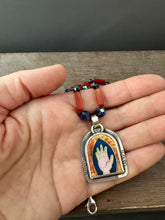 Load image into Gallery viewer, Cloisonné Enamel Hand Medallion on Carnelian and Apatite Beaded Necklace
