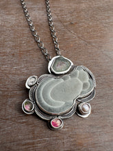 Load image into Gallery viewer, Fairy stone Pendant/Brooch with tourmalines and a pearl
