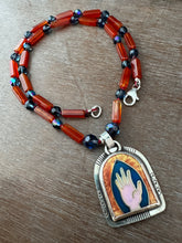 Load image into Gallery viewer, Cloisonné Enamel Hand Medallion on Carnelian and Apatite Beaded Necklace
