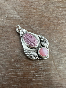 Purple enamel and pink opal pendant