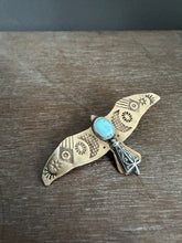 Load image into Gallery viewer, Bronze and silver stamped bird brooch with turquoise
