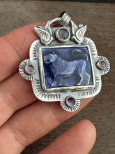 Load image into Gallery viewer, Purple Enameled Lion with fluorites and labradorite
