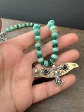 Load image into Gallery viewer, Bronze and silver stamped bird on hand knotted silk and gemstone necklace
