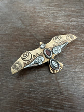 Load image into Gallery viewer, Bronze and silver stamped bird brooch with garnet
