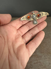 Load image into Gallery viewer, Bronze and silver stamped bird pendant with garnets

