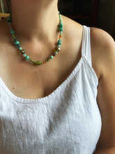 Load image into Gallery viewer, Vintage glass bead silk knotted necklace in greens and oranges
