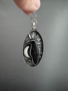 Amethyst sage agate raven and moon Necklace