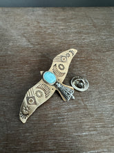Load image into Gallery viewer, Bronze and silver stamped bird brooch with turquoise

